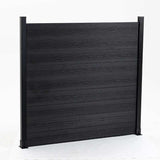 Black composite privacy fence panel with horizontal wood-grain boards and aluminum posts