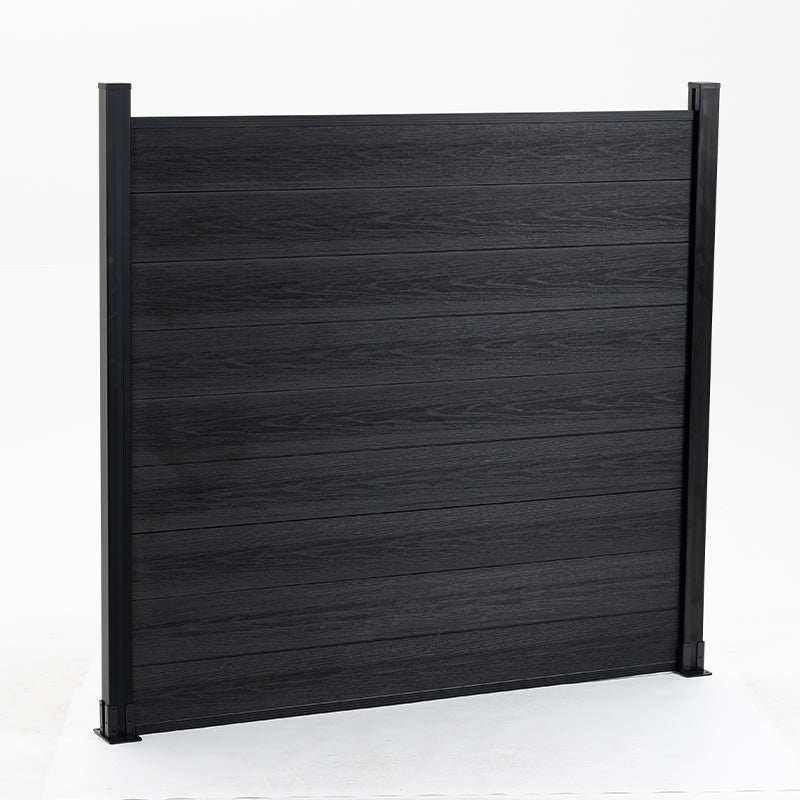 Black composite privacy fence panel with horizontal wood-grain boards and aluminum posts