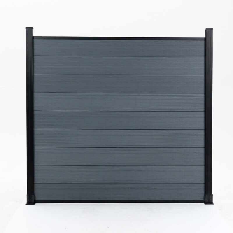 Gray composite fence panel with aluminum posts, modern privacy fencing system, weather resistant low maintenance design
