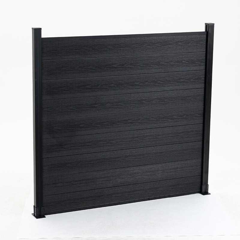 Black composite privacy fence panel with horizontal wood-grain boards and aluminum posts