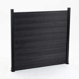 Black composite privacy fence panel with horizontal wood-grain boards and aluminum posts