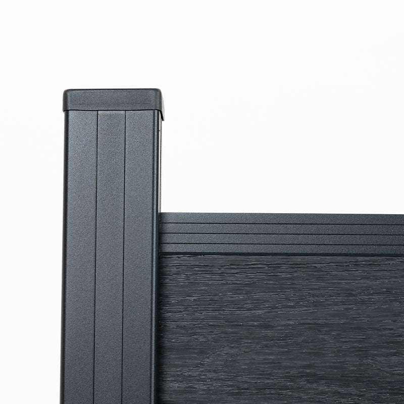 Black co-extruded composite fence panel with aluminum post and top rail close-up