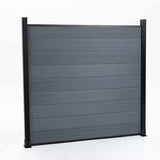 Gray composite fence panel with black aluminum posts, modern outdoor privacy fencing, durable weather resistant design