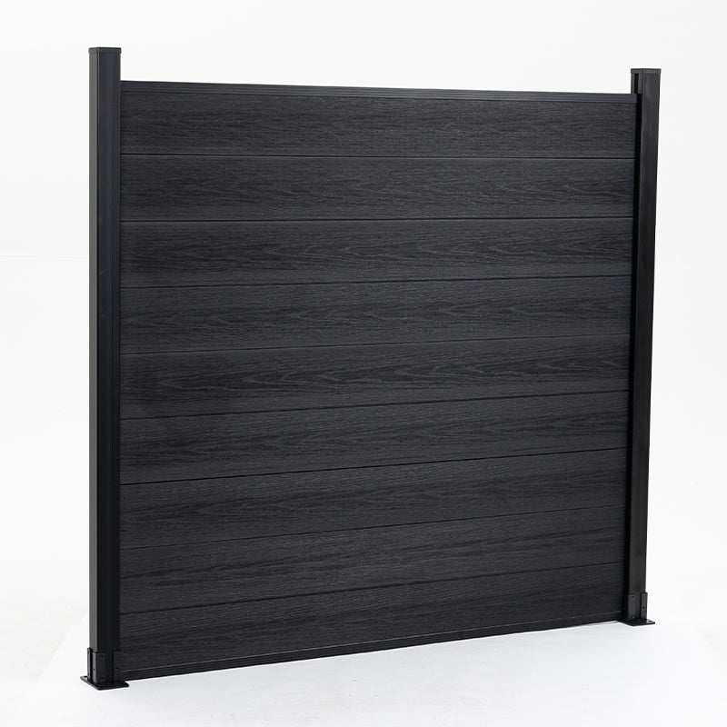 Black composite privacy fence panel with horizontal wood-grain boards and aluminum posts