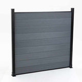 Gray composite privacy fence panel with aluminum posts, modern outdoor fencing system, weather resistant and low maintenance