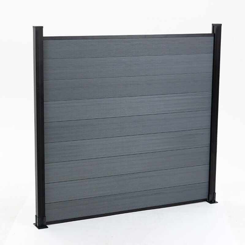 Gray composite privacy fence panel with aluminum posts, modern outdoor fencing system, weather resistant and low maintenance