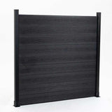 Full view of black composite fence panel with horizontal boards and aluminum posts