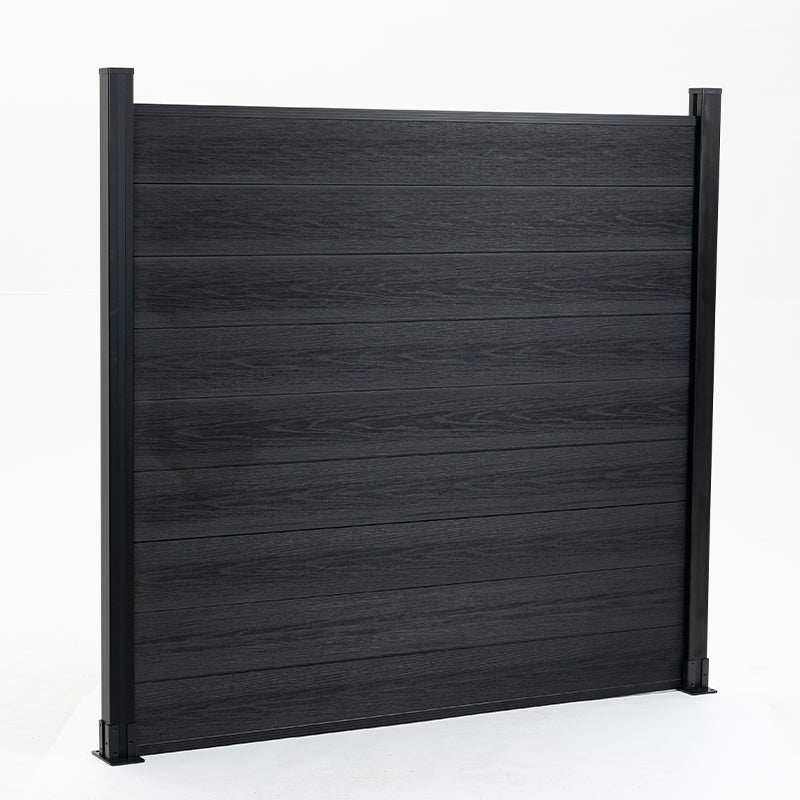 Full view of black composite fence panel with horizontal boards and aluminum posts