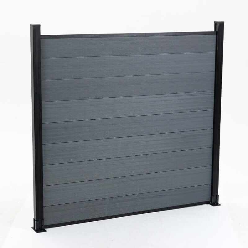 Modern gray composite fence panel with black aluminum posts, outdoor privacy fencing, durable low maintenance system