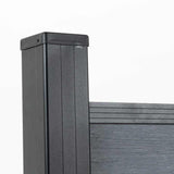 Black aluminum fence post with gray composite fence panel, modern privacy fencing system detail