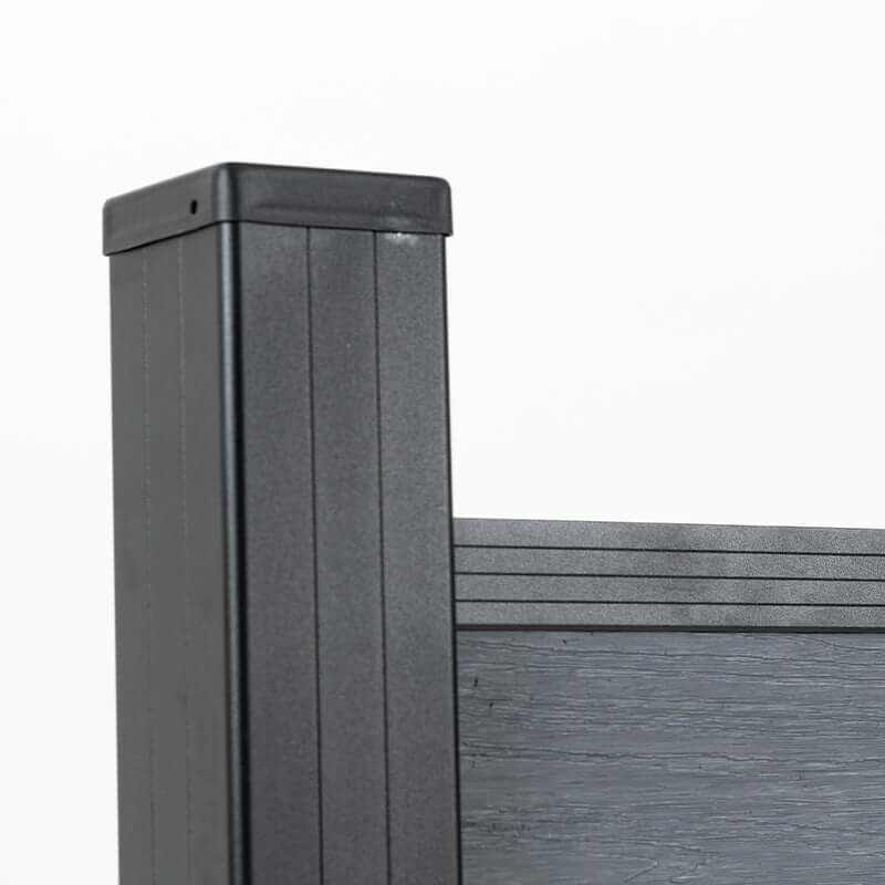 Black aluminum fence post with gray composite fence panel, modern privacy fencing system detail