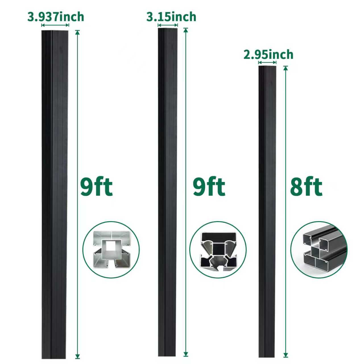Black aluminum fence and gate post size comparison showing 9 ft and 8 ft posts in 3.937 inch, 3.15 inch, and 2.95 inch profiles