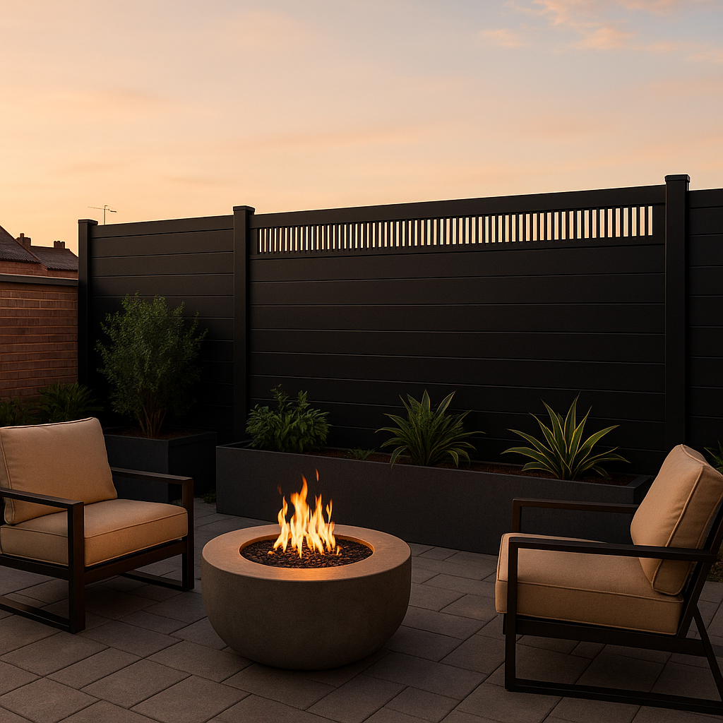 Black composite privacy fence with top ventilation panel in modern backyard patio at dusk
