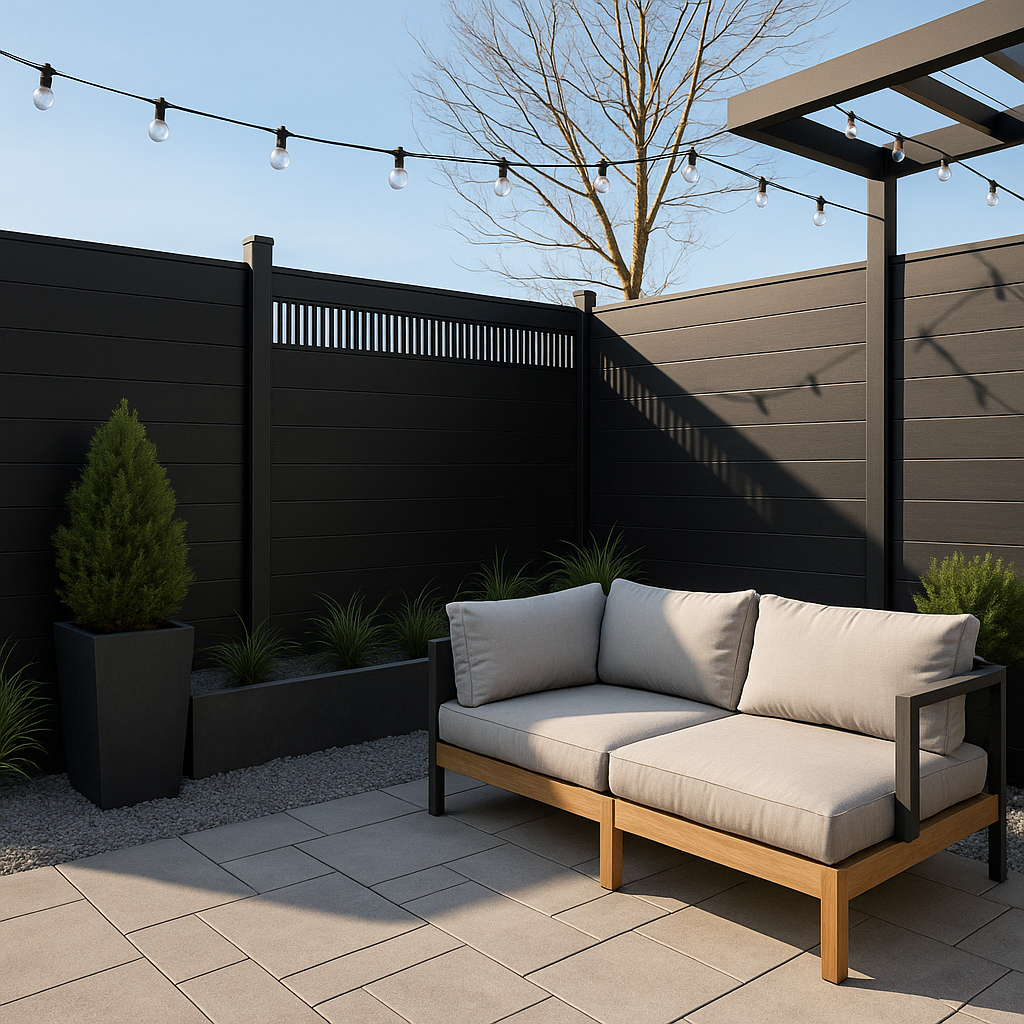 Black composite privacy fence with ventilation panel in modern outdoor seating area