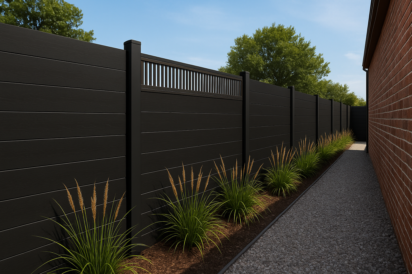 Black composite privacy fence with aluminum posts and top ventilation panel installed along side yard
