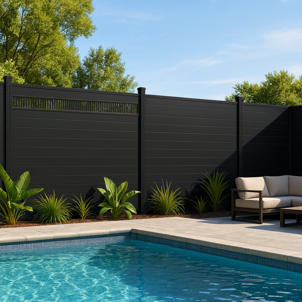 Black composite privacy fence with ventilation panel installed around backyard pool