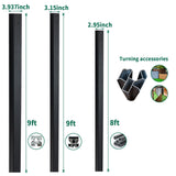 Black aluminum fence post size comparison showing 9 ft and 8 ft posts with 3.937 inch, 3.15 inch, and 2.95 inch widths, plus turning accessories for modular composite fencing systems