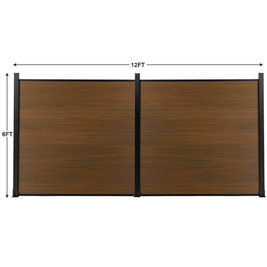 12ft wide by 6ft tall wood grain composite privacy fence panels with black aluminum posts, outdoor fencing dimension layout