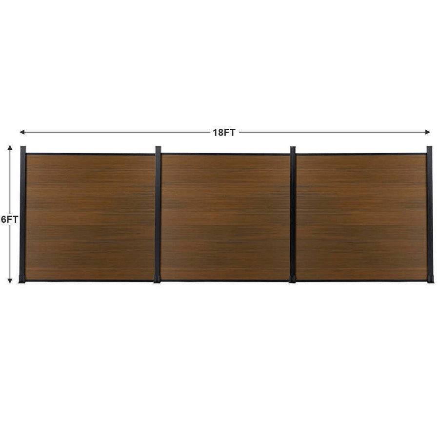 18ft wide by 6ft tall wood grain composite privacy fence panels with black aluminum posts, outdoor fencing size diagram