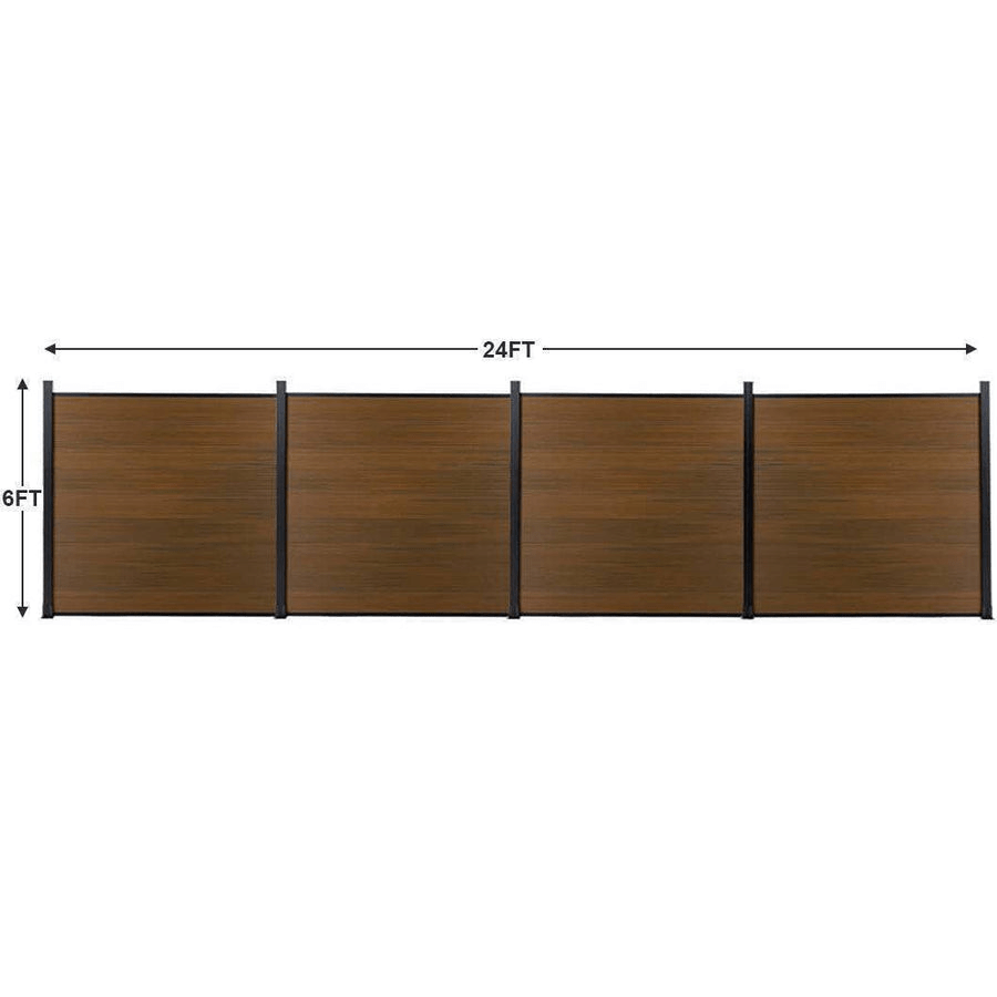 24ft wide by 6ft tall wood grain composite privacy fence panels with black aluminum posts, outdoor fencing dimension layout