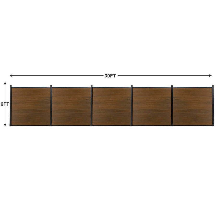 30ft wide by 6ft tall wood grain composite privacy fence panels with black aluminum posts, outdoor fencing dimension diagram