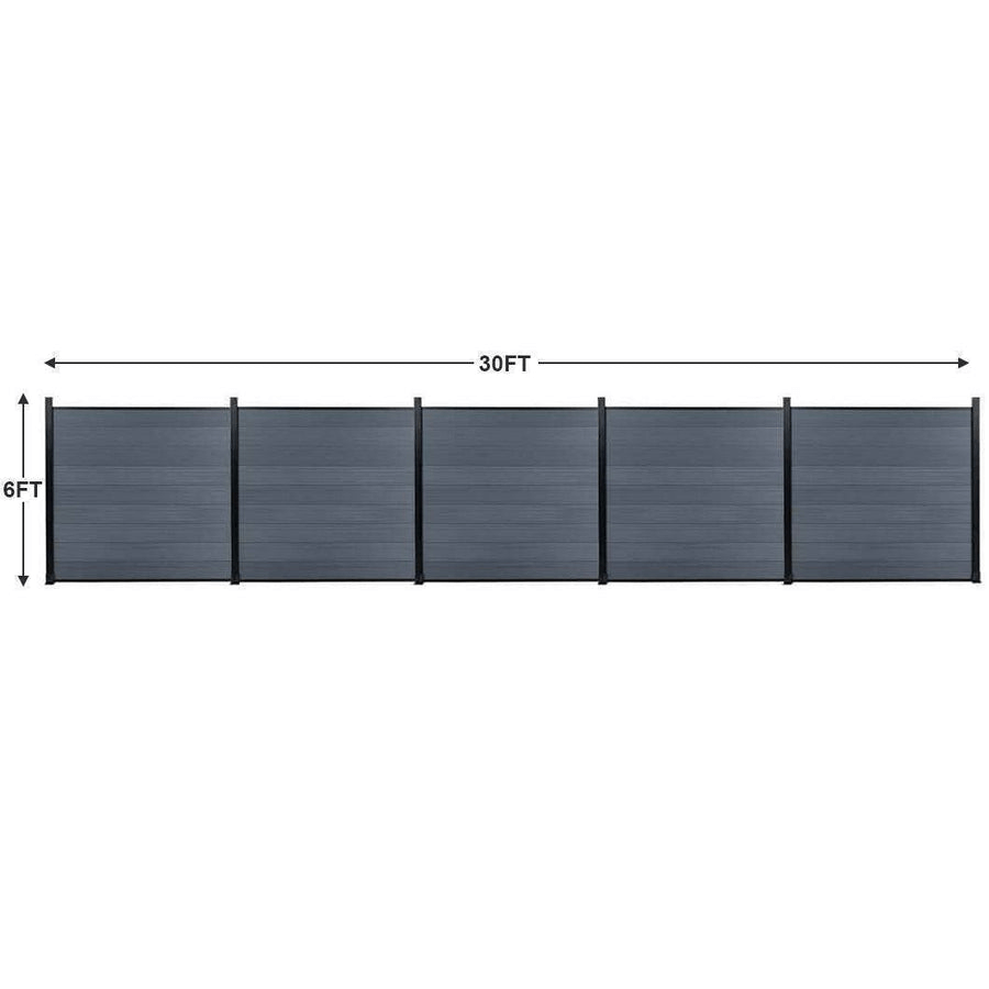 30ft wide by 6ft tall gray composite privacy fence panels with black aluminum posts, outdoor fencing dimension layout
