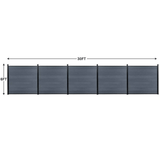 30ft wide by 6ft tall gray composite privacy fence panels with black aluminum posts, outdoor fencing dimension layout