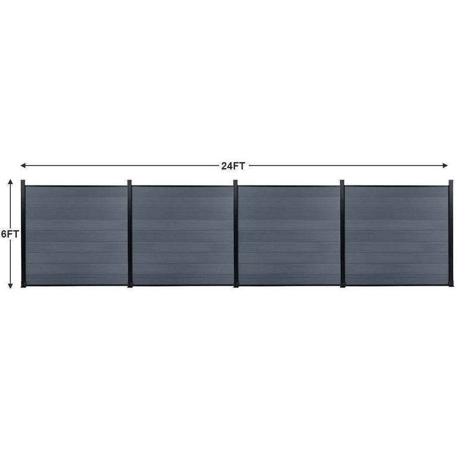 24ft wide by 6ft tall gray composite privacy fence panels with black aluminum posts, outdoor fencing dimension diagram