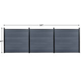 18ft wide by 6ft tall gray composite privacy fence panels with black aluminum posts, outdoor fencing dimension layout