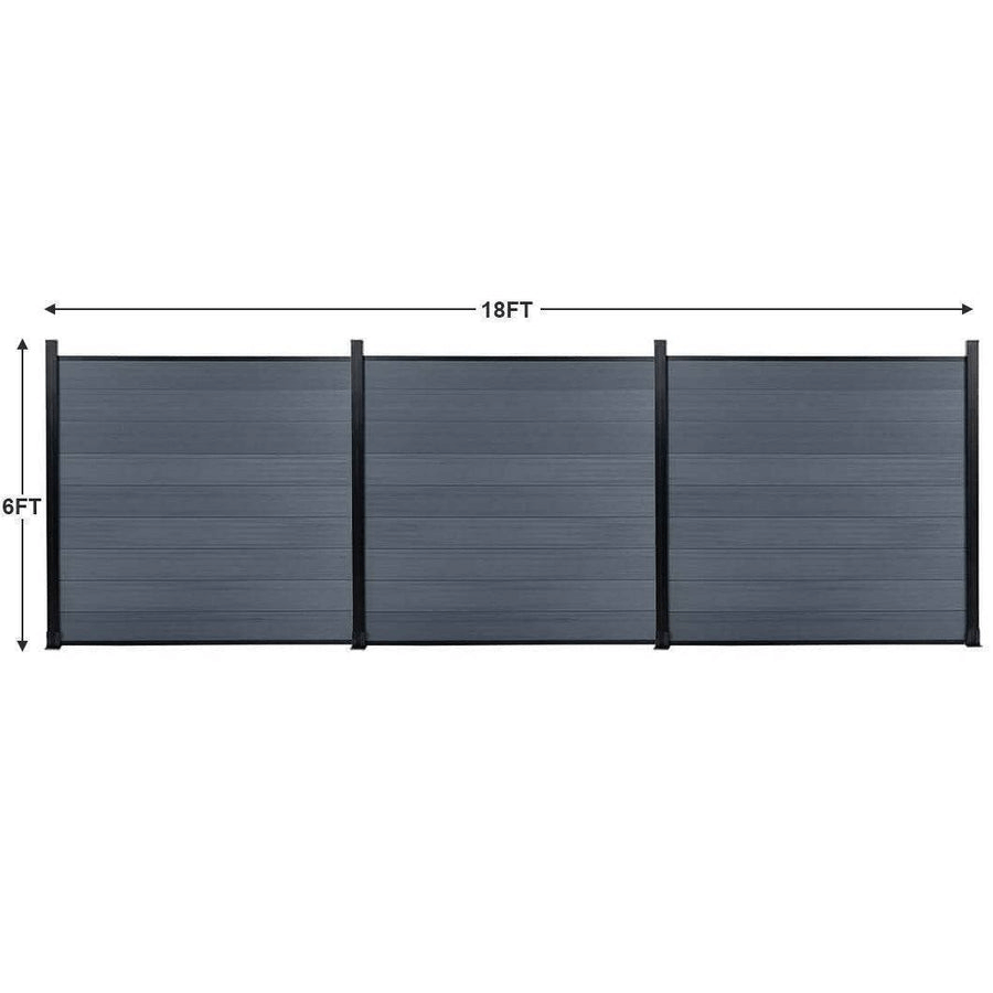 18ft wide by 6ft tall gray composite privacy fence panels with black aluminum posts, outdoor fencing dimension layout