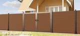WPC double gate with wood-grain composite panels and aluminum frame on modern residential fence