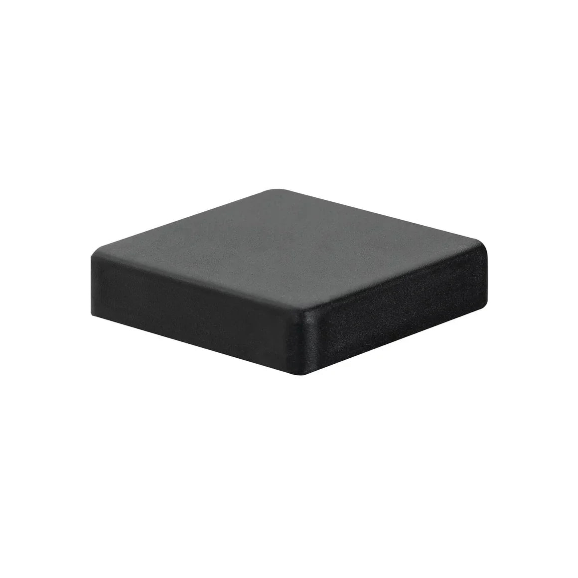 Black aluminum fence post cap designed to protect square fence posts and provide a sleek, finished look for outdoor fencing