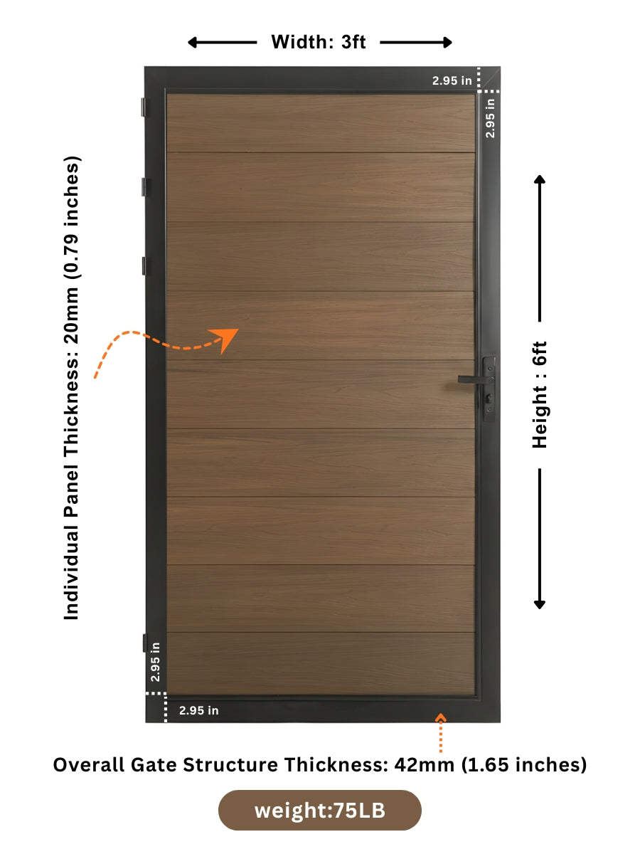 Single WPC fence gate in walnut color 3x6 ft durable composite garden gate